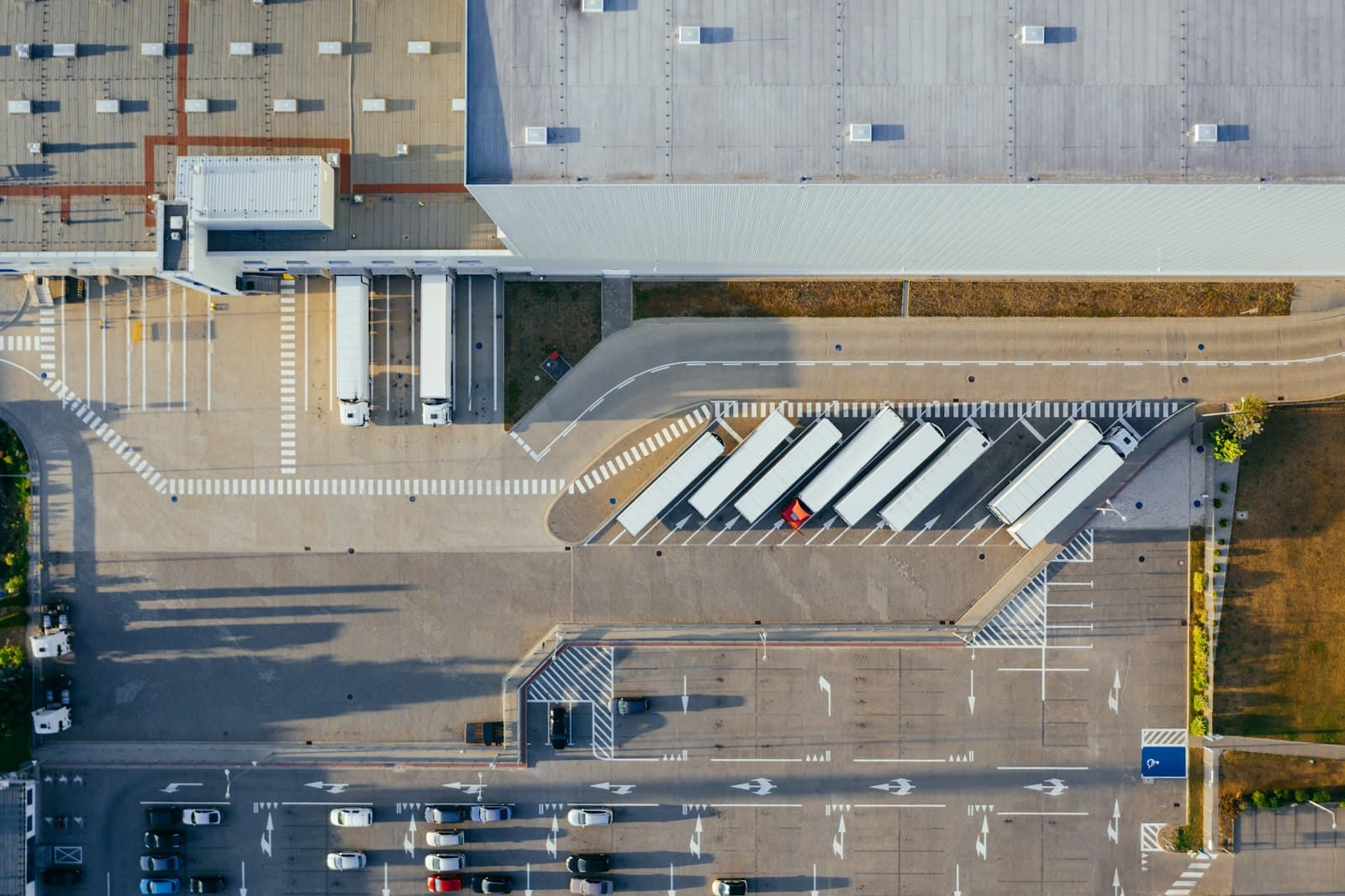 Aerial view of a cross-dock terminal with semi trailers